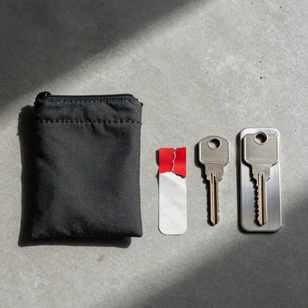 Overhead claim packet flatlay with evidence pouch, broken seal strip, and key sleeve on concrete.