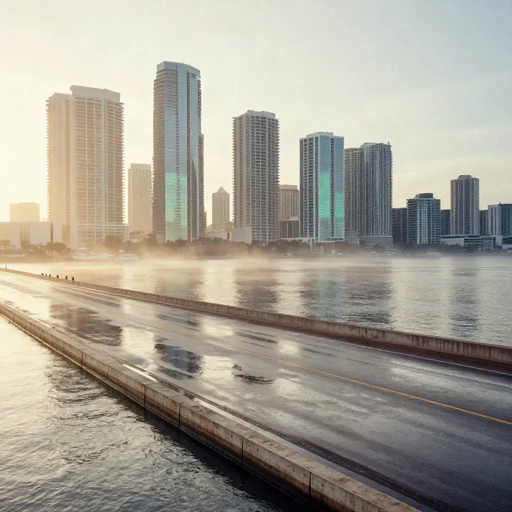 Misty Miami bayfront skyline over an empty causeway and wet seawall at sunrise.