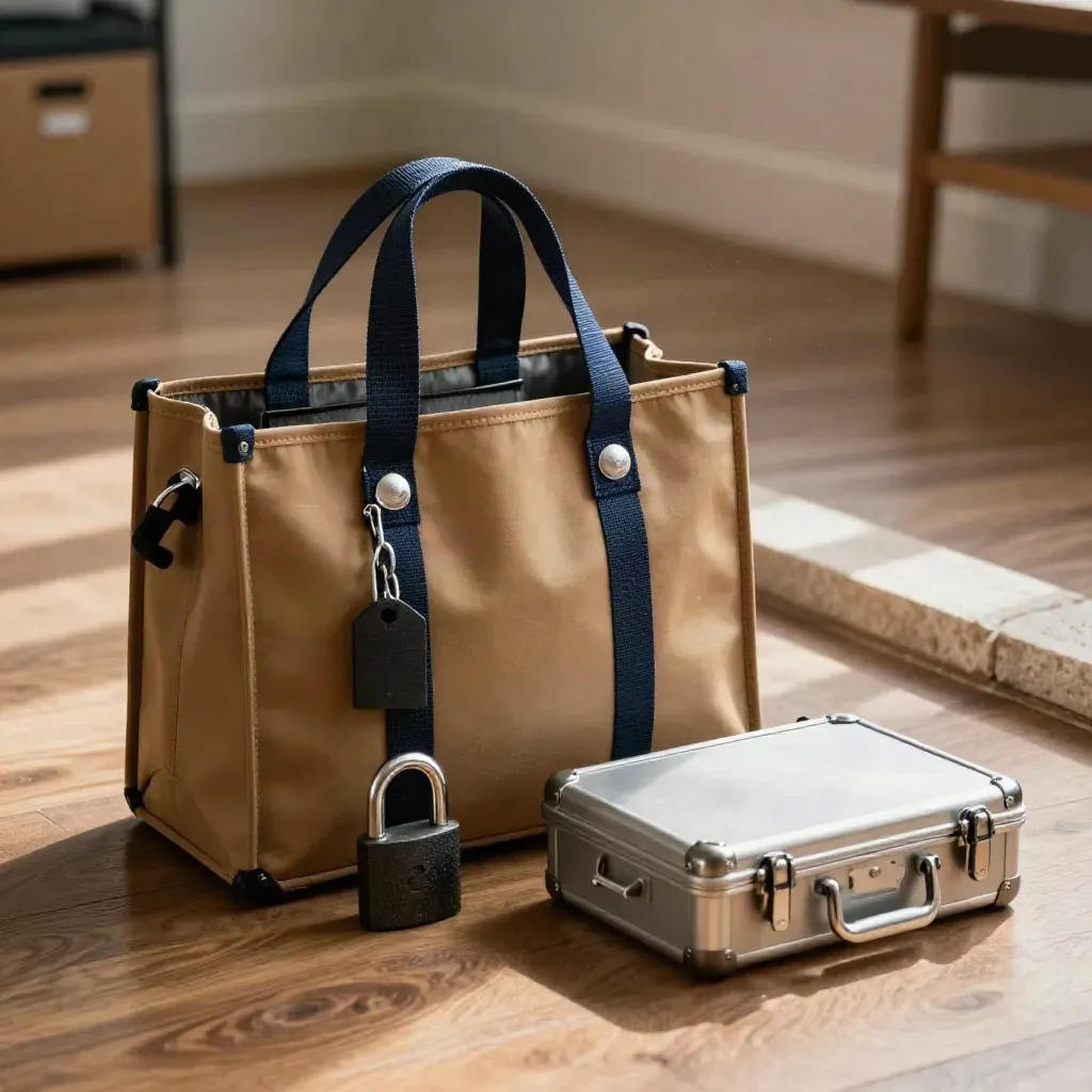 Evidence tote, broken padlock, seals and forensic case on a warm wood floor in soft window light
