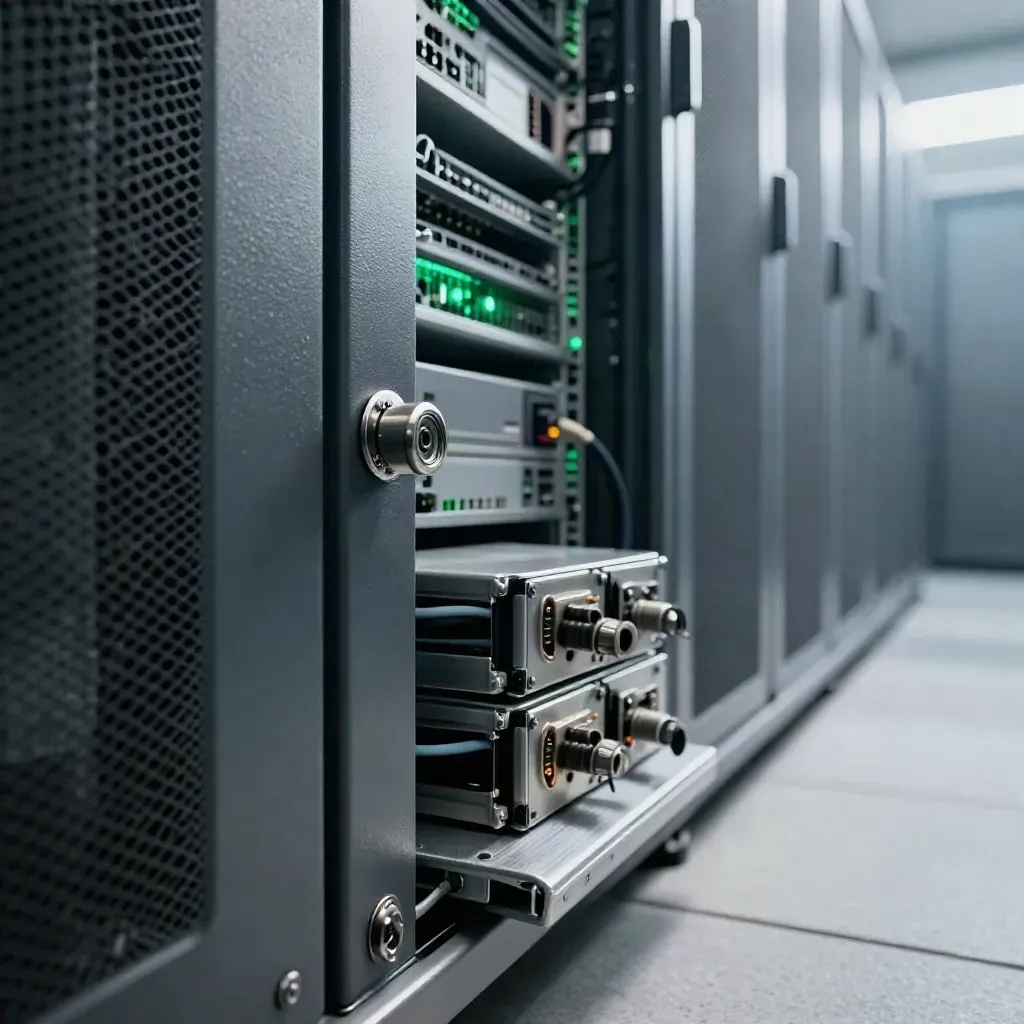 Locked server racks in a cool data-center aisle with backup drives on a steel bench.