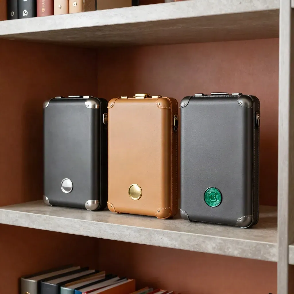 Three sealed policy cases staged side by side for crypto insurance quotes on a low archive shelf.