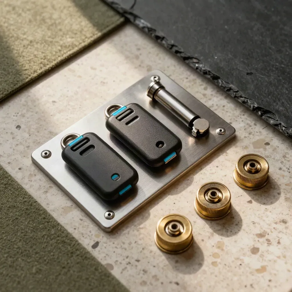 Overhead flatlay of vault hardware, access fobs, key cylinders, and brass tumbler cores on stone.