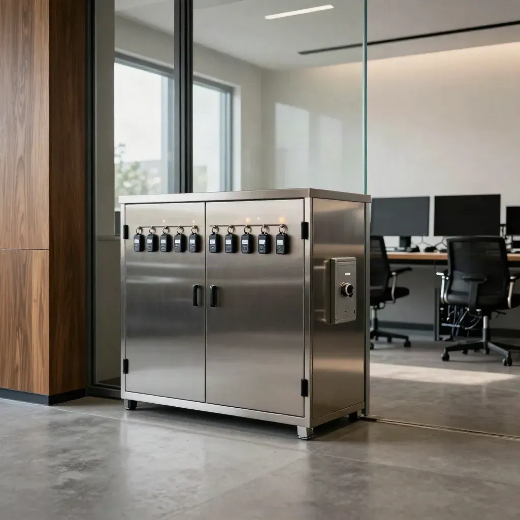Fintech ops room with custody cabinet, access fobs and a key safe in dramatic light.