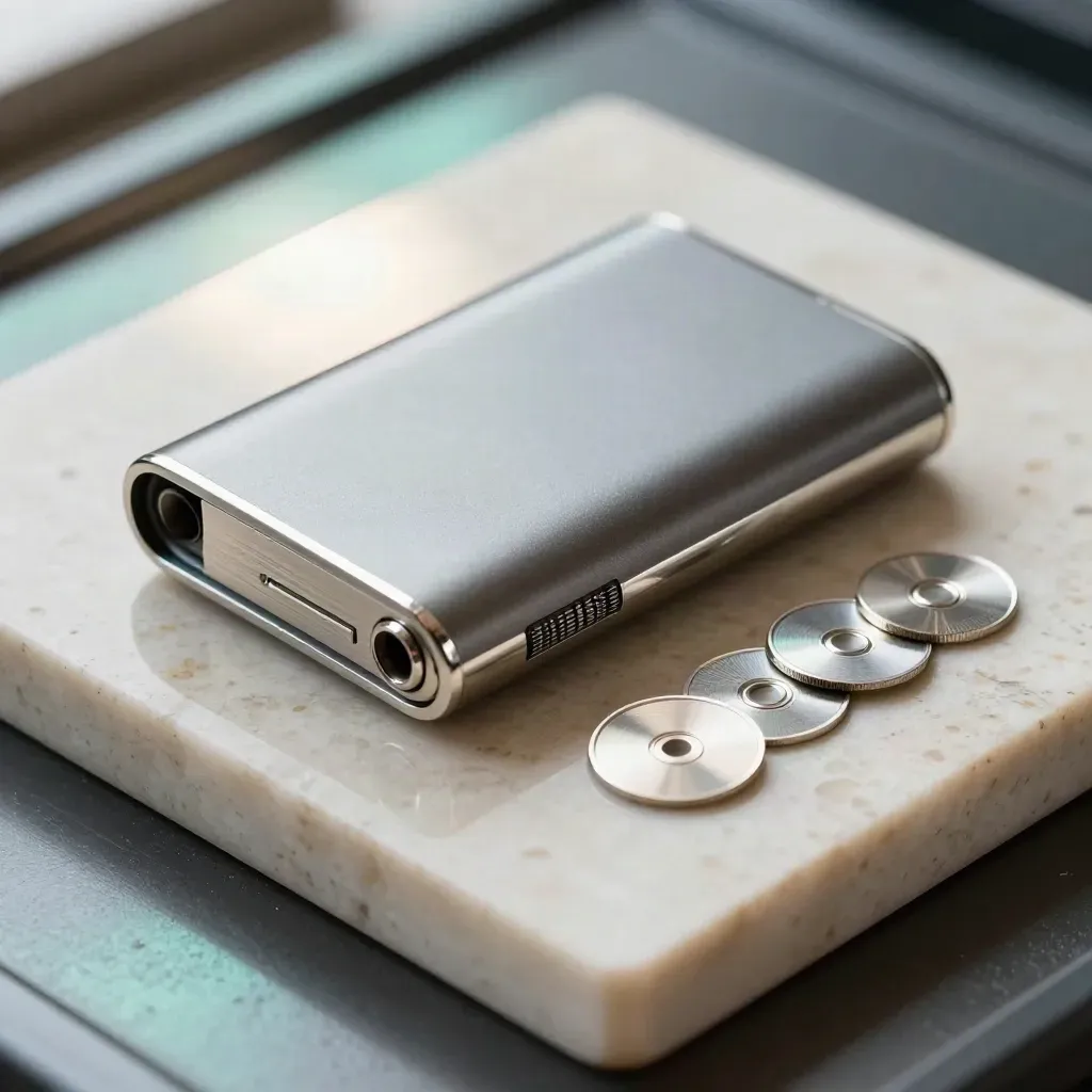 Macro of a crypto hardware wallet, lock cylinder, and sealed token disks on pale travertine.