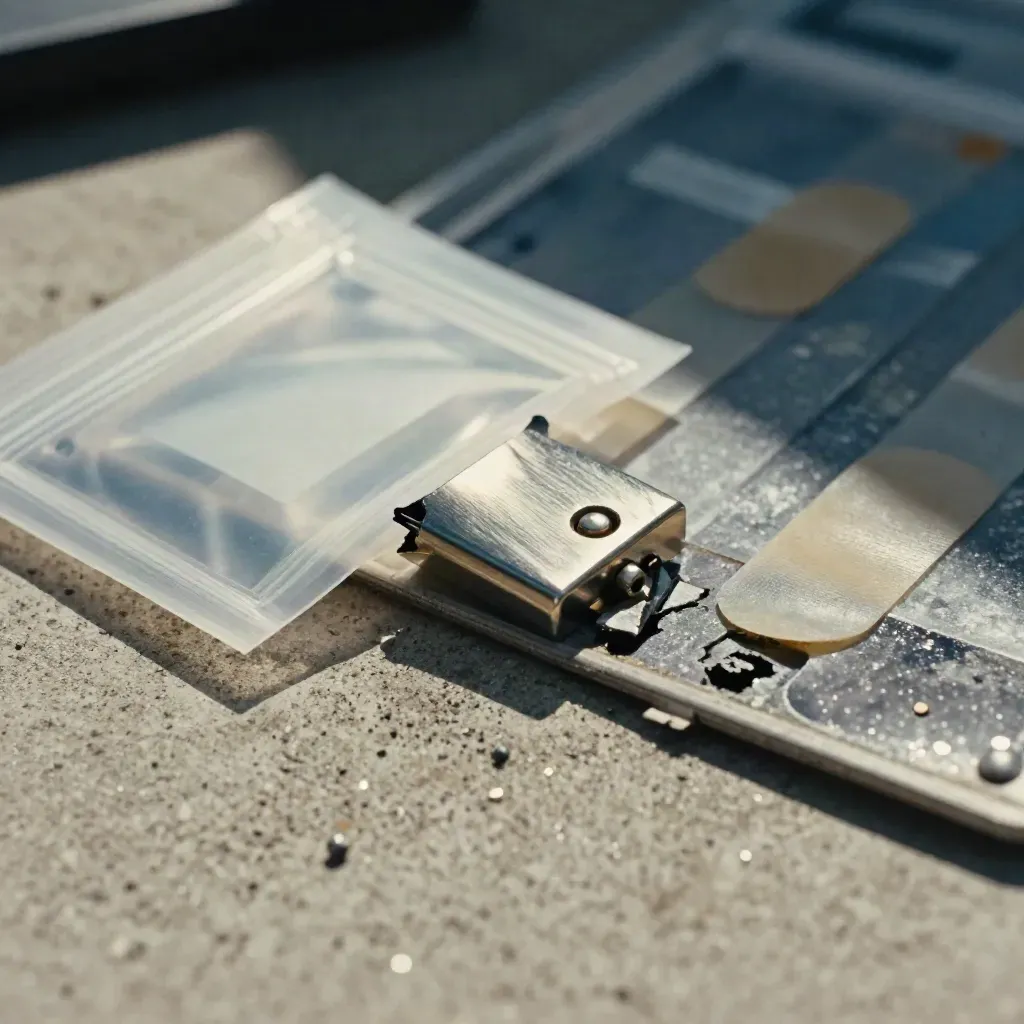 Close-up of a crypto claims evidence kit on concrete with seals, broken lockplate, and a sealed pouch.