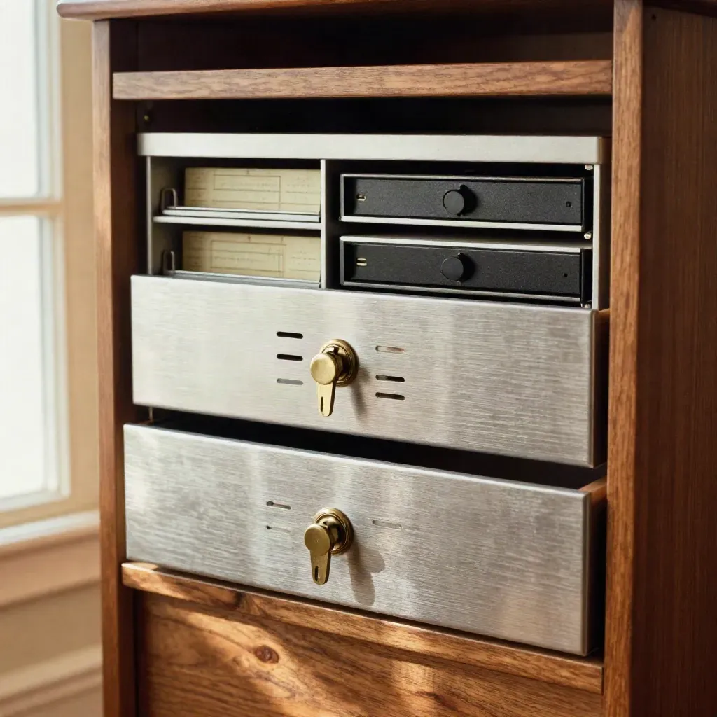 Lockable server drawer with backup drives and evidence shelf in a warm trading desk