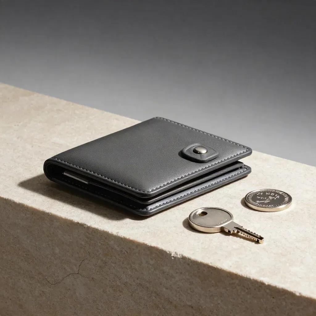 Hardware wallet, key, token, and custody seal on pale stone in a premium risk-review still life.