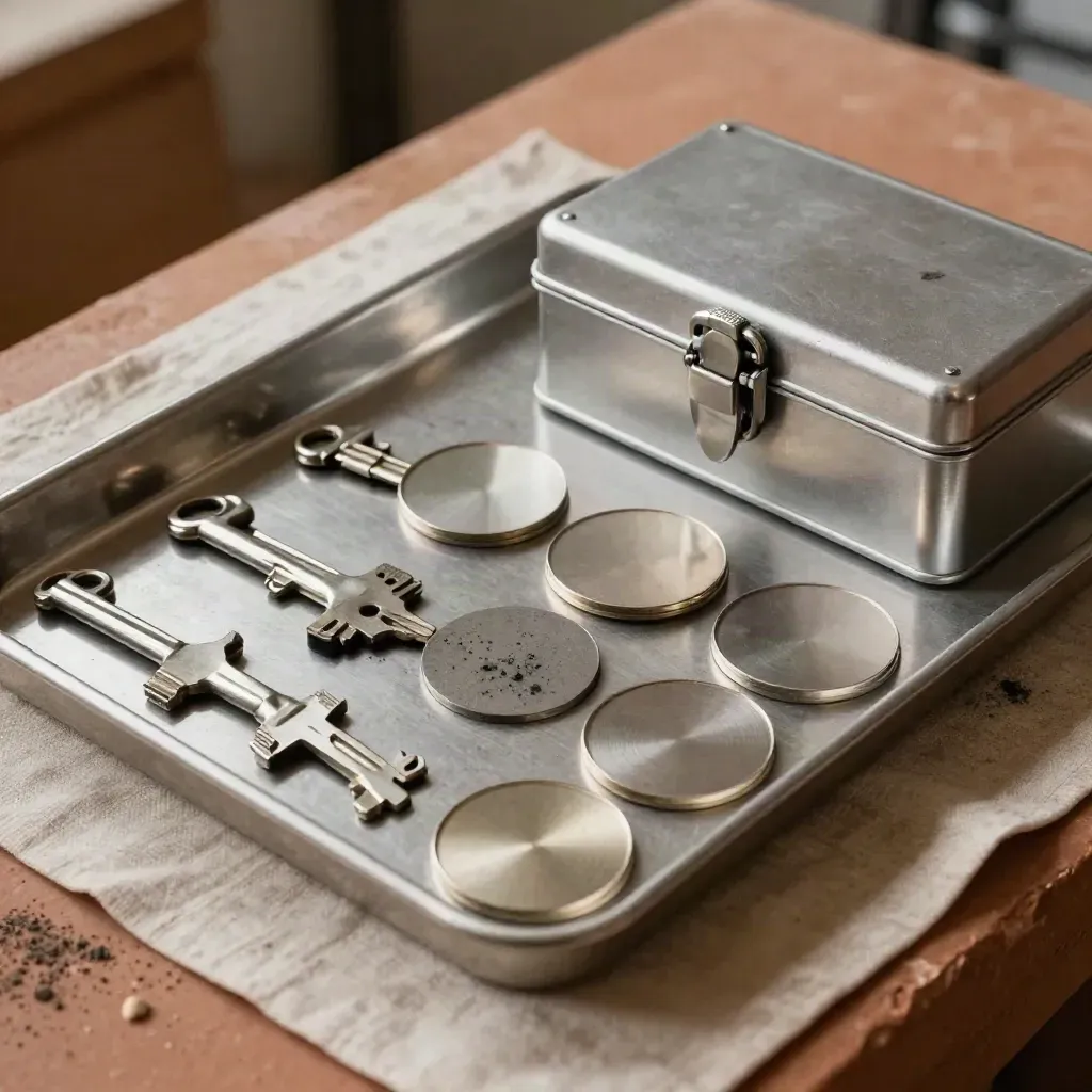Top-down audit tray with metal cores, blank seals, and a compact archive box on clay