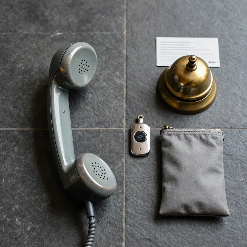 Overhead flatlay of a hotline handset, brass bell, metal token and sealed pouch on dark stone.
