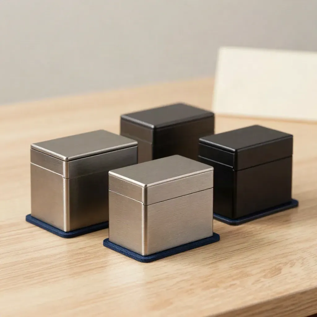 Three miniature lockboxes on pale wood, one pulled forward, soft daylight.