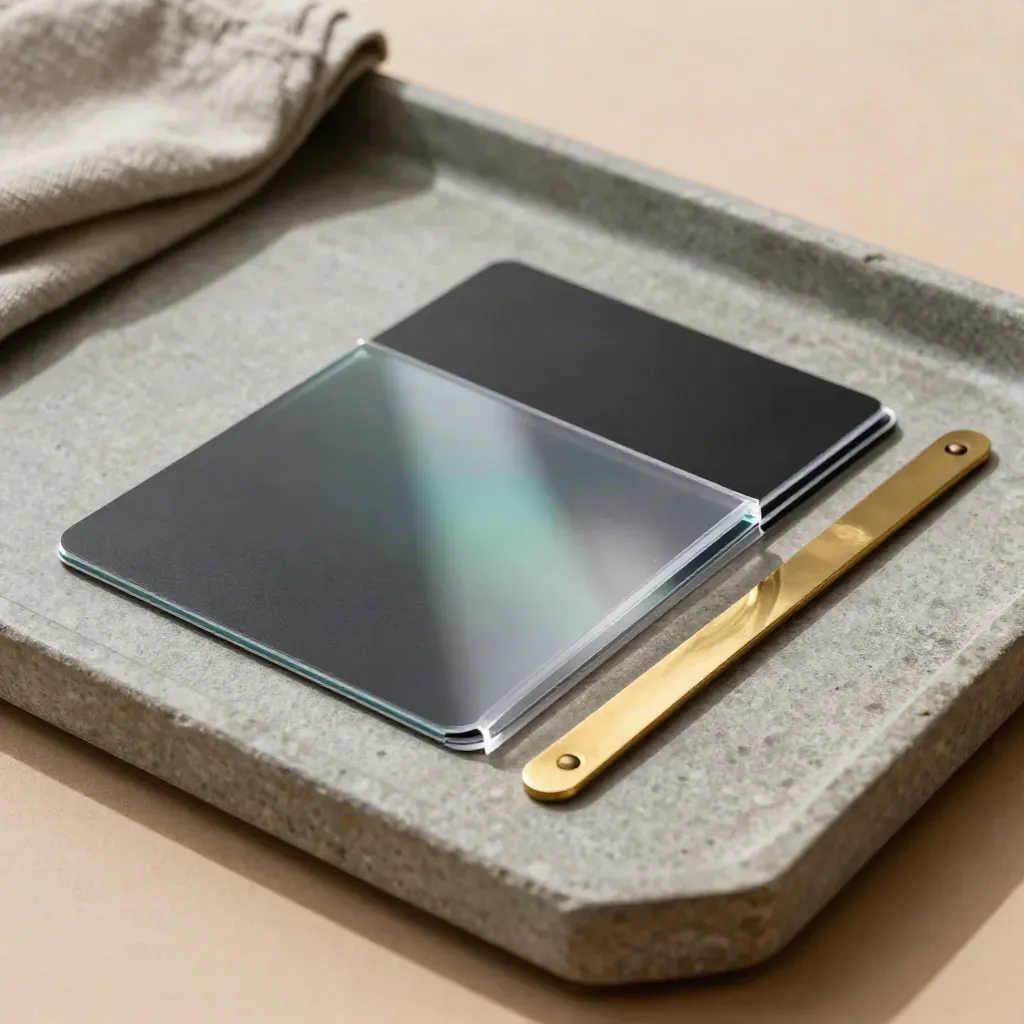 Protective sleeve, black card, and brass divider on a stone tray with linen accent
