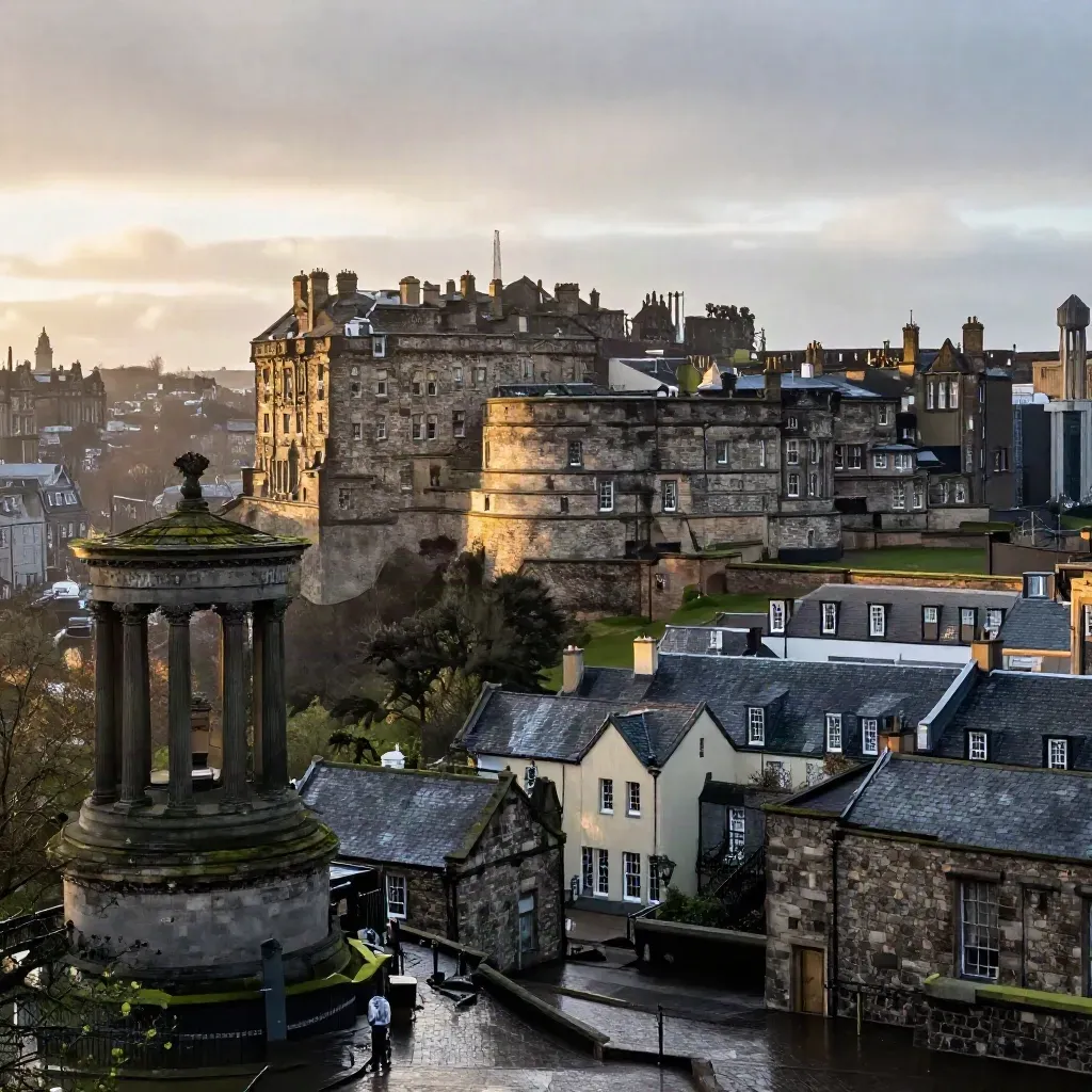 Edinburgh Castle above wet stone rooftops in soft sunrise mist