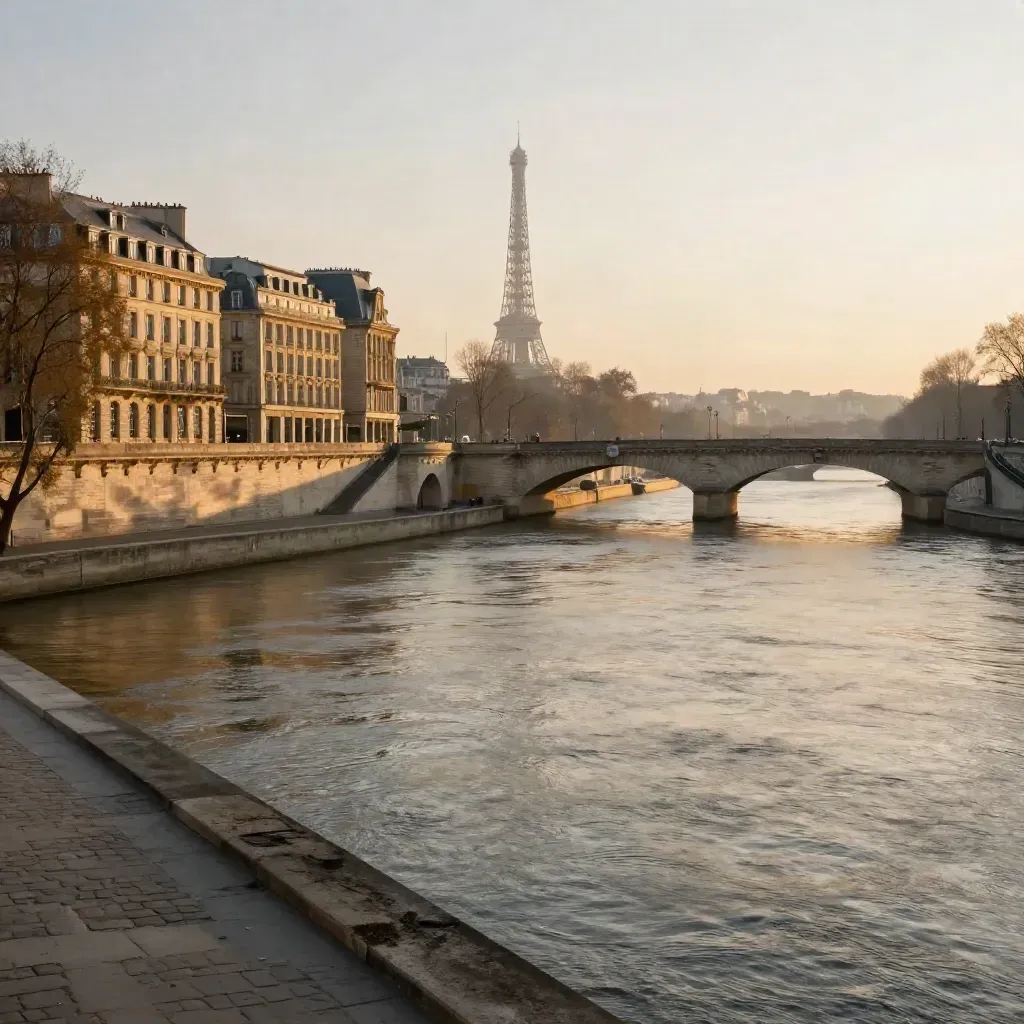 Paris skyline from the Seine at golden hour with bridge arches and the tower above the river