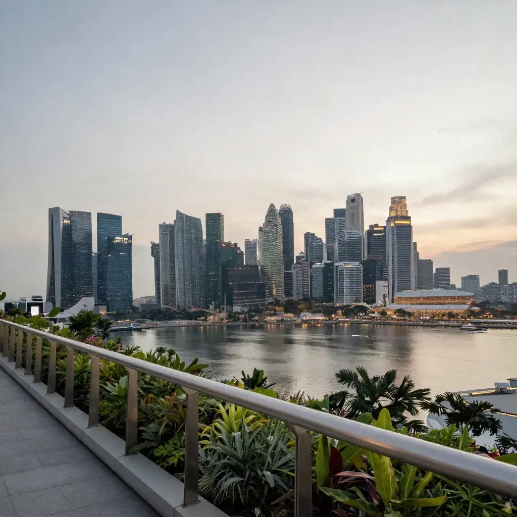 Singapore Marina Bay skyline above calm water, seen from a rooftop garden at blue hour.
